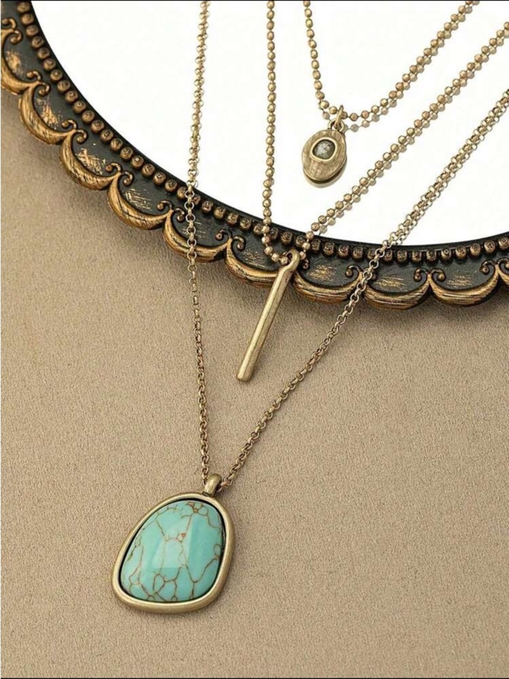 Gold and Turquoise Layered Necklace Set R182 - Picture 3 of 4